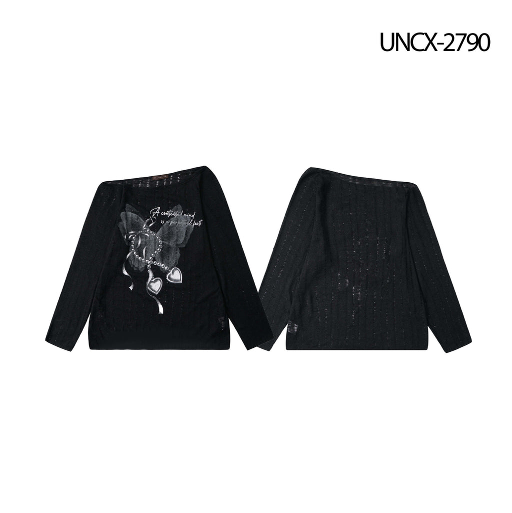 Heart Print Long Sleeve Asymmetric Neckline T-Shirt