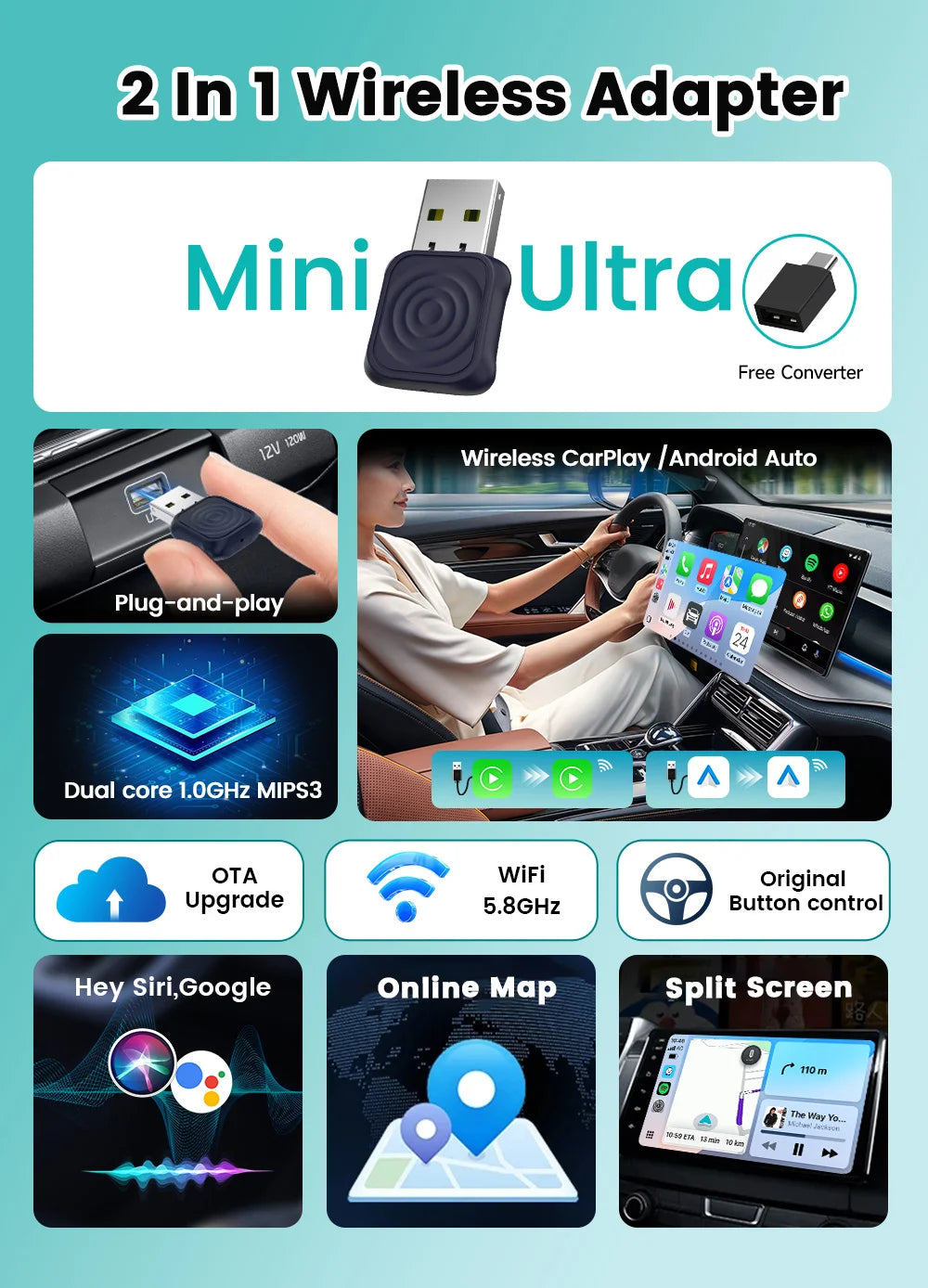 2 in 1 CarlinKit 5.0 Ultra Wireless CarPlay Android Auto Adapter 2026 New 5G Wifi Wireless Box for Car with Wired CarPlay IOS26