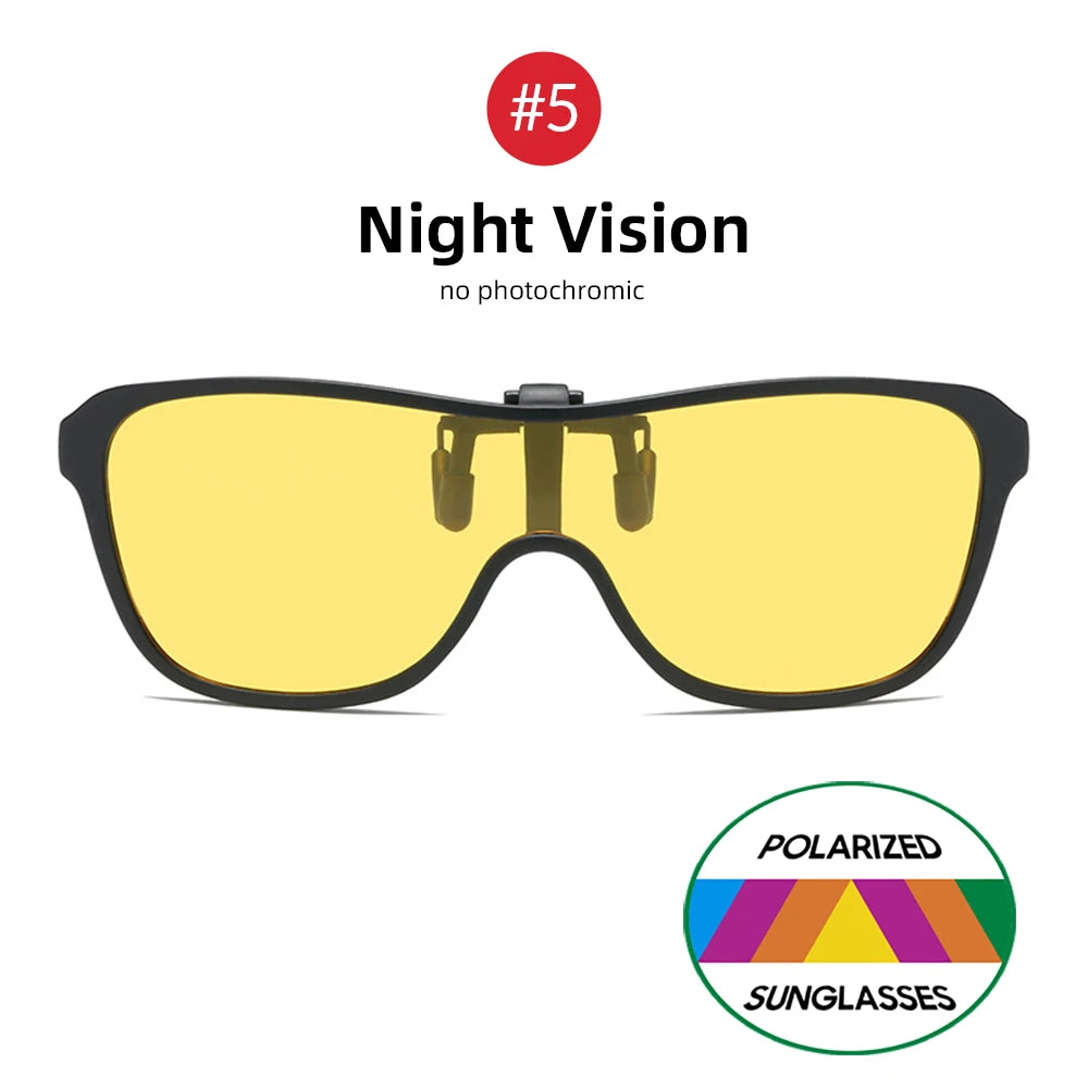 2026 Trending Clip On Sunglasses Large Frame Men Polarized Flip Up Sun Glasses Driving Adapt  Mirror Blue Red Polarising Lens
