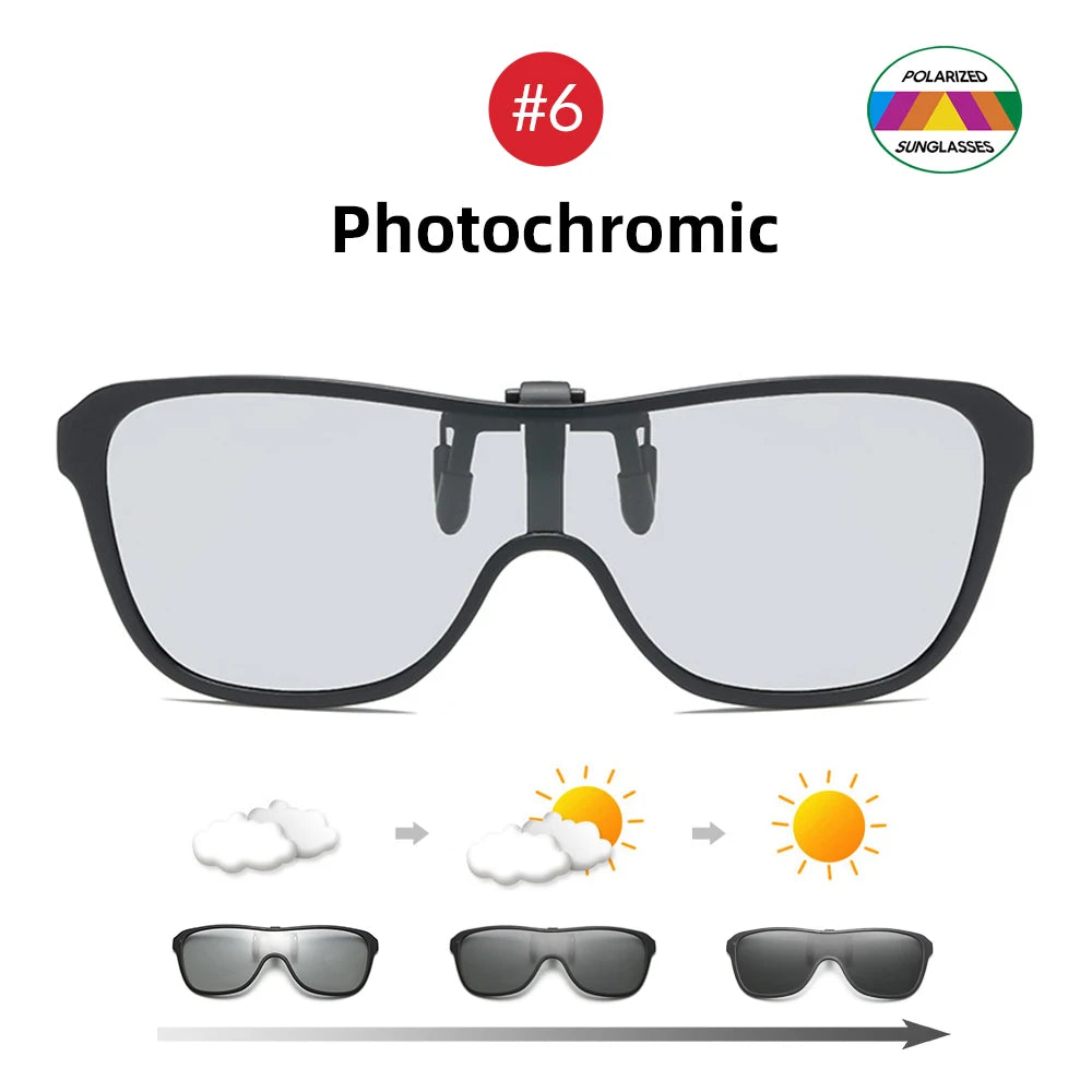 2026 Trending Clip On Sunglasses Large Frame Men Polarized Flip Up Sun Glasses Driving Adapt  Mirror Blue Red Polarising Lens