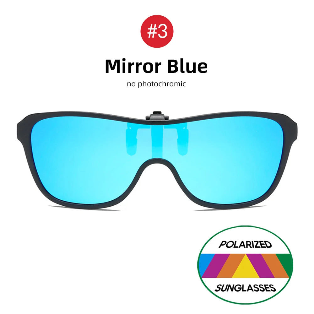 2026 Trending Clip On Sunglasses Large Frame Men Polarized Flip Up Sun Glasses Driving Adapt  Mirror Blue Red Polarising Lens