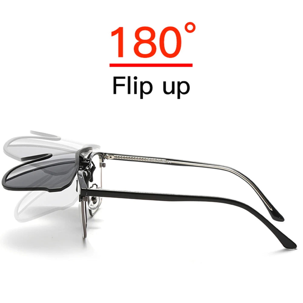 2026 Trending Clip On Sunglasses Large Frame Men Polarized Flip Up Sun Glasses Driving Adapt  Mirror Blue Red Polarising Lens