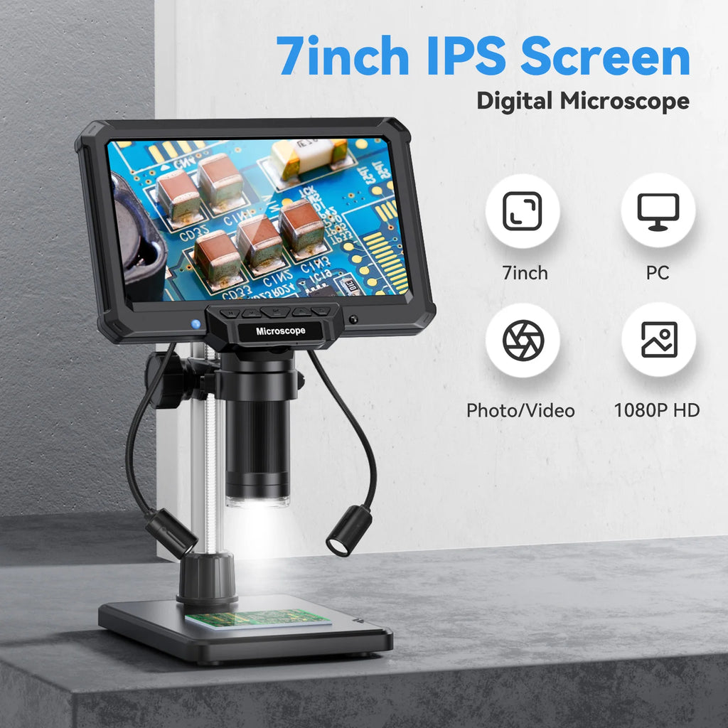 7inch Digital Microscope 1200X Magnification for Coin PCB Circuit Repair 16MP HD Soldering Microscope with Lights, PC View