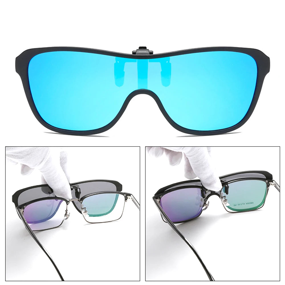 2026 Trending Clip On Sunglasses Large Frame Men Polarized Flip Up Sun Glasses Driving Adapt  Mirror Blue Red Polarising Lens