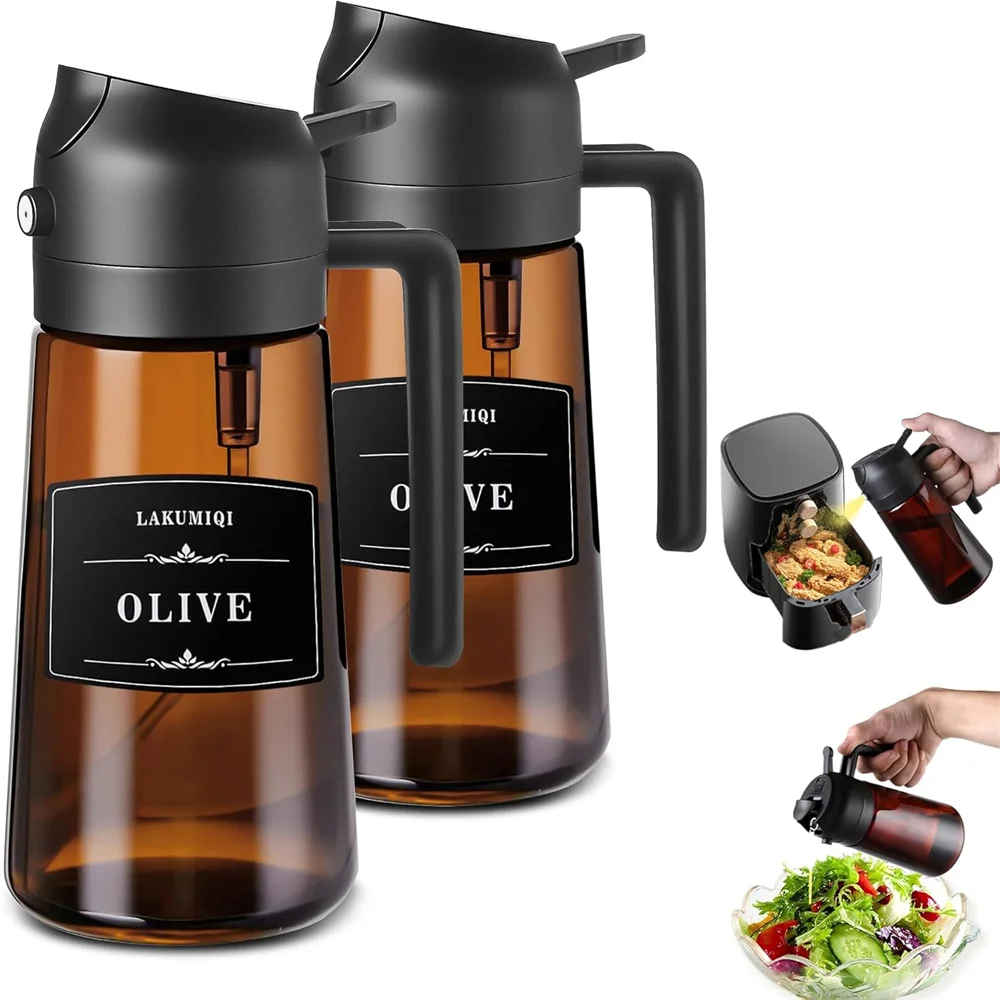 2-in-1 Glass Oil Dispenser & Sprayer - 16oz/470ml Leakproof Olive Oil Sprayer Bottle for Cooking, Air Fryer, BBQ, Baking, Salad